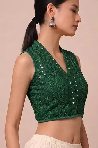 Green rayon embroidered non padded blouse