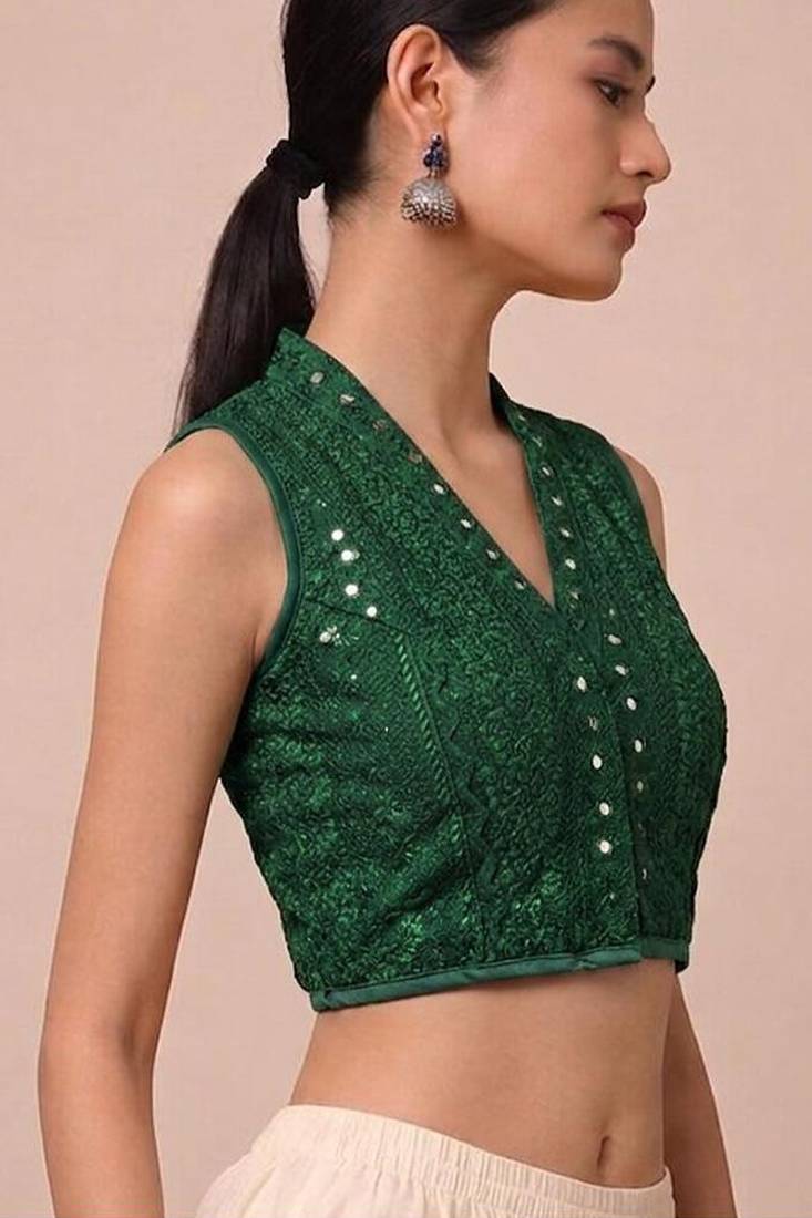 Green rayon embroidered non padded blouse