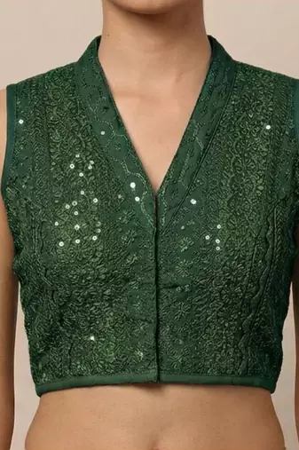 Green rayon embroidered non padded blouse