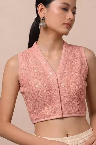 Peach rayon embroidered non padded blouse