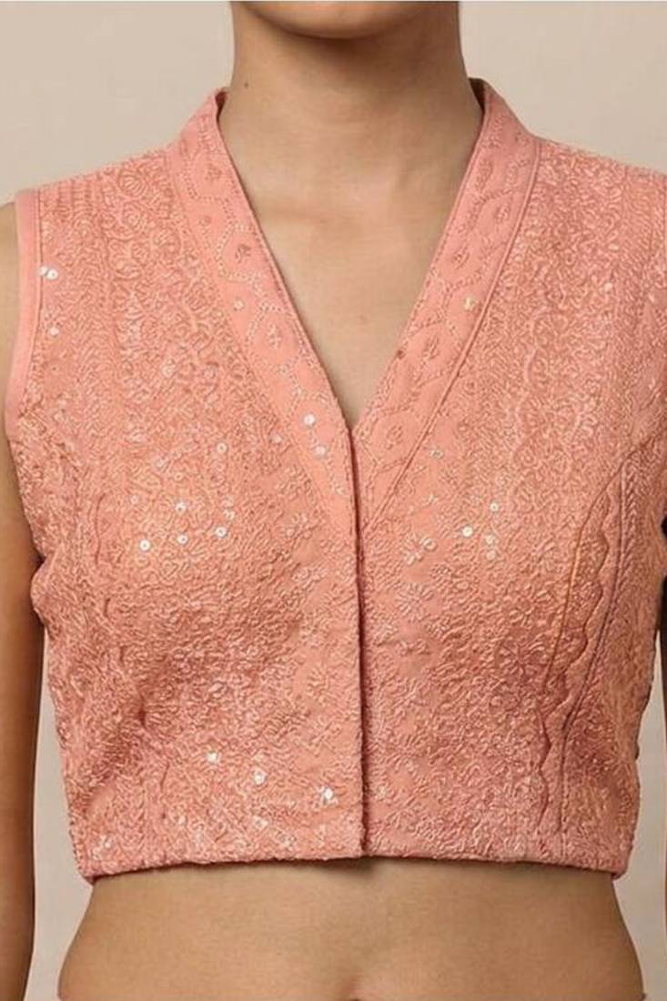 Peach rayon embroidered non padded blouse