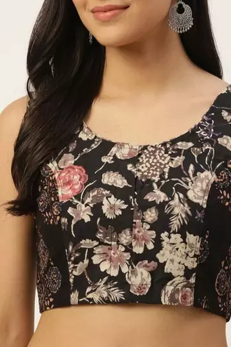 Black cotton printed back open sleevless halterneck blouse
