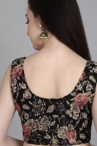 Black cotton printed back open sleevless halterneck blouse