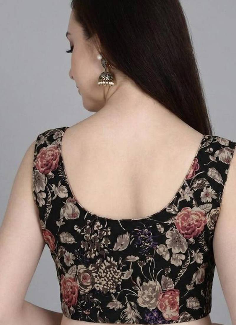 Black cotton printed back open sleevless halterneck blouse