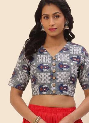 Grey cotton printed front open non padded blouse 1