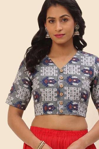 Grey cotton printed front open non padded blouse
