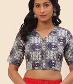 Grey cotton printed front open non padded blouse