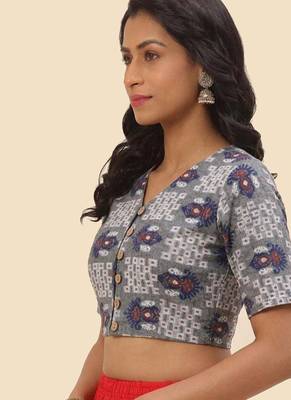 Grey cotton printed front open non padded blouse 2