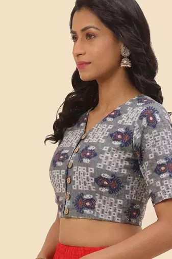 Grey cotton printed front open non padded blouse