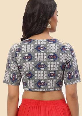 Grey cotton printed front open non padded blouse 3