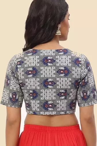 Grey cotton printed front open non padded blouse