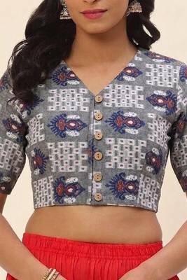 Grey cotton printed front open non padded blouse 4