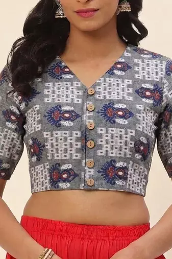Grey cotton printed front open non padded blouse