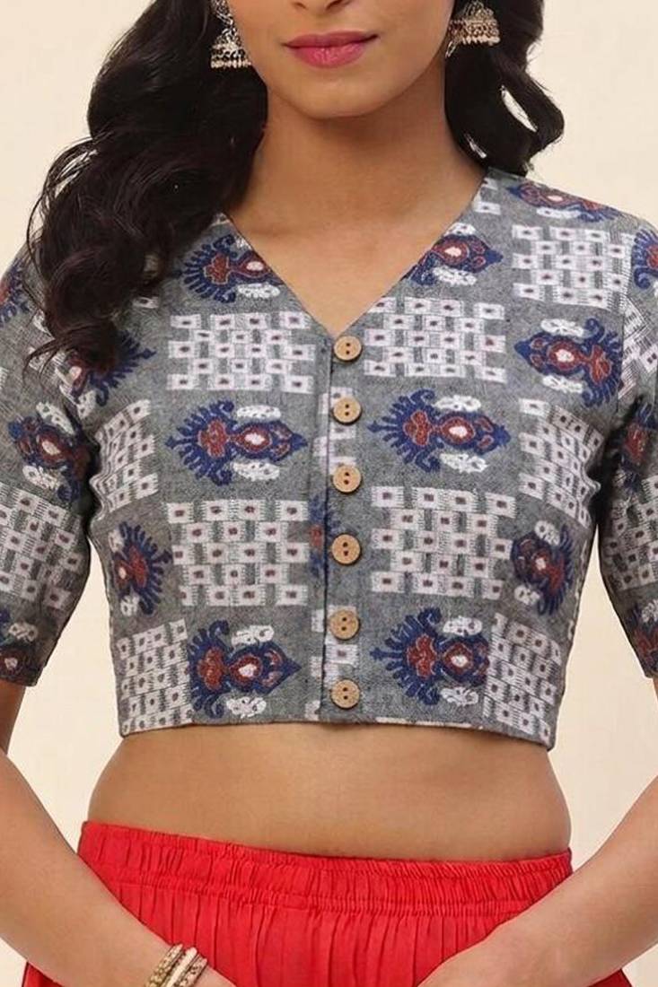 Grey cotton printed front open non padded blouse