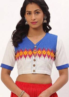 White cotton printed front open non padded blouse 1