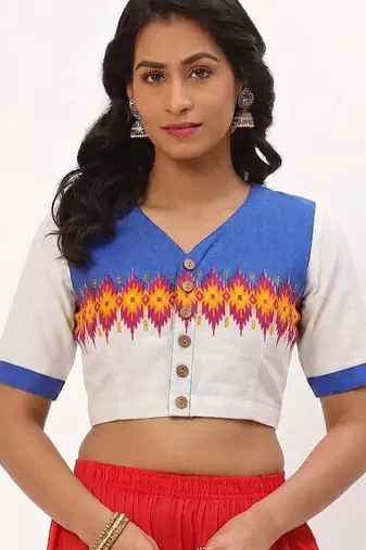White cotton printed front open non padded blouse