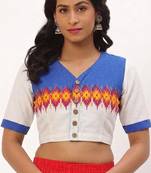 White cotton printed front open non padded blouse