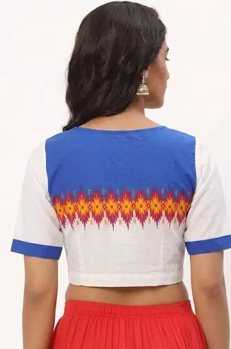 White cotton printed front open non padded blouse
