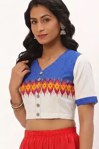White cotton printed front open non padded blouse