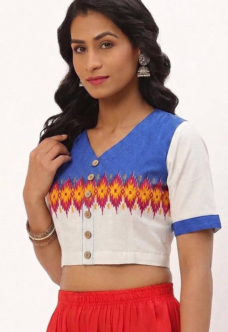 White cotton printed front open non padded blouse