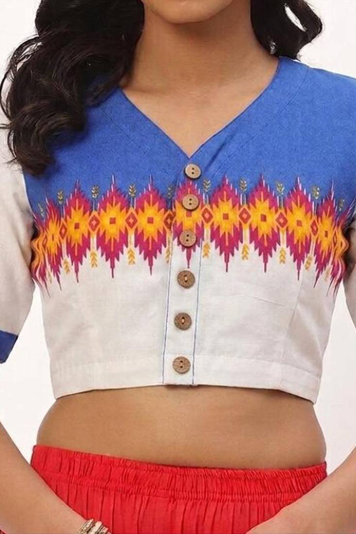 White cotton printed front open non padded blouse