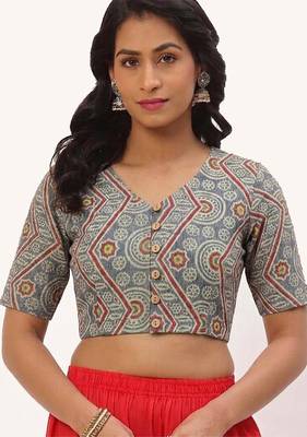 Grey cotton printed front open non padded blouse 1