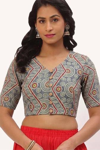 Grey cotton printed front open non padded blouse