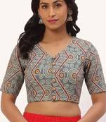 Grey cotton printed front open non padded blouse