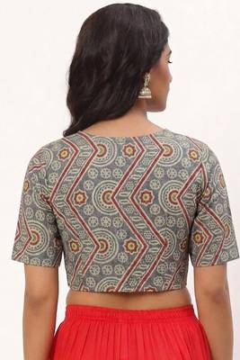 Grey cotton printed front open non padded blouse 2