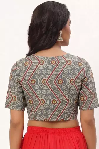 Grey cotton printed front open non padded blouse