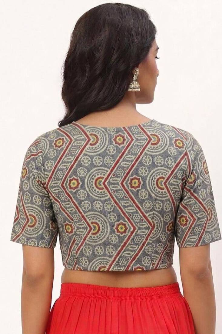 Grey cotton printed front open non padded blouse