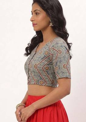 Grey cotton printed front open non padded blouse 3
