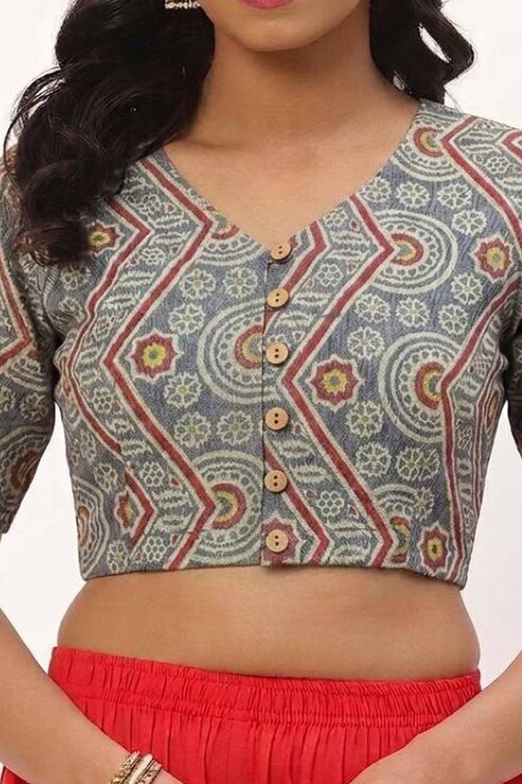 Grey cotton printed front open non padded blouse