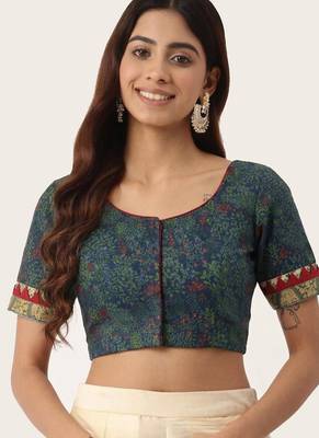 Green cotton printed non padded blouse 1