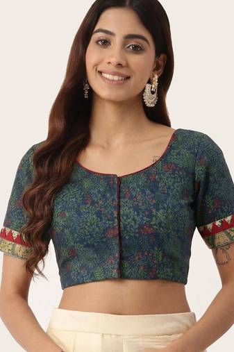 Green cotton printed non padded blouse