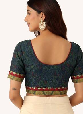 Green cotton printed non padded blouse 2