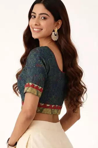 Green cotton printed non padded blouse