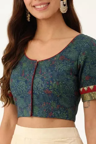 Green cotton printed non padded blouse