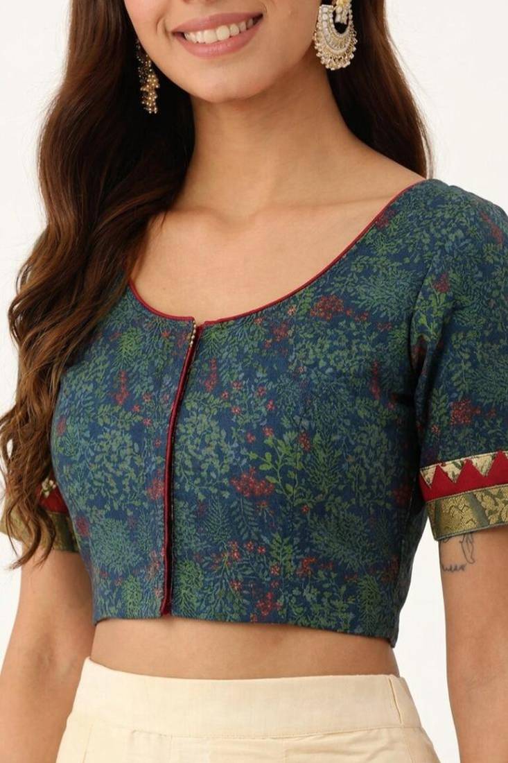 Green cotton printed non padded blouse