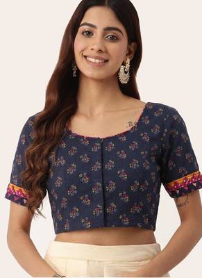 Navy blue cotton printed non padded blouse 1