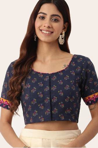 Navy blue cotton printed non padded blouse
