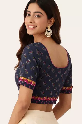 Navy blue cotton printed non padded blouse