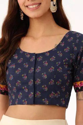 Navy blue cotton printed non padded blouse