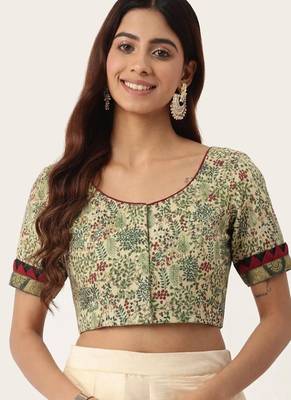 Green cotton printed non padded blouse 1