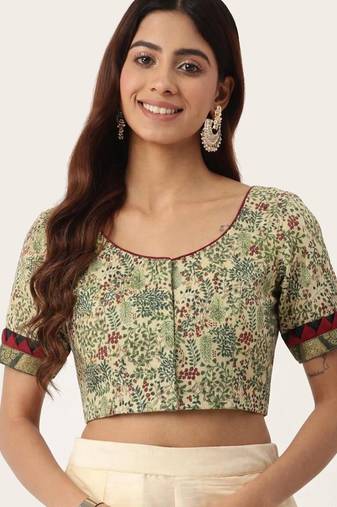 Green cotton printed non padded blouse