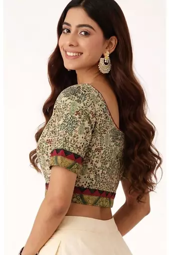Green cotton printed non padded blouse