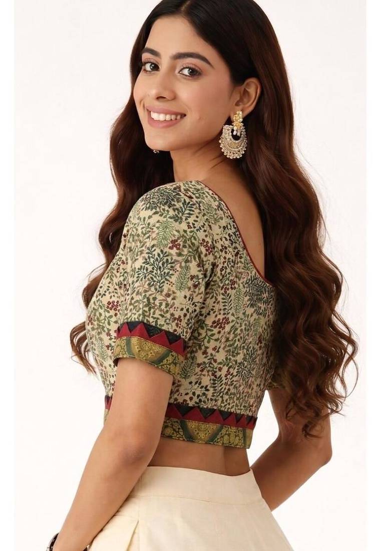 Green cotton printed non padded blouse
