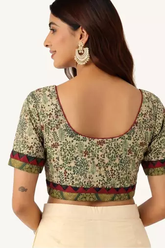 Green cotton printed non padded blouse