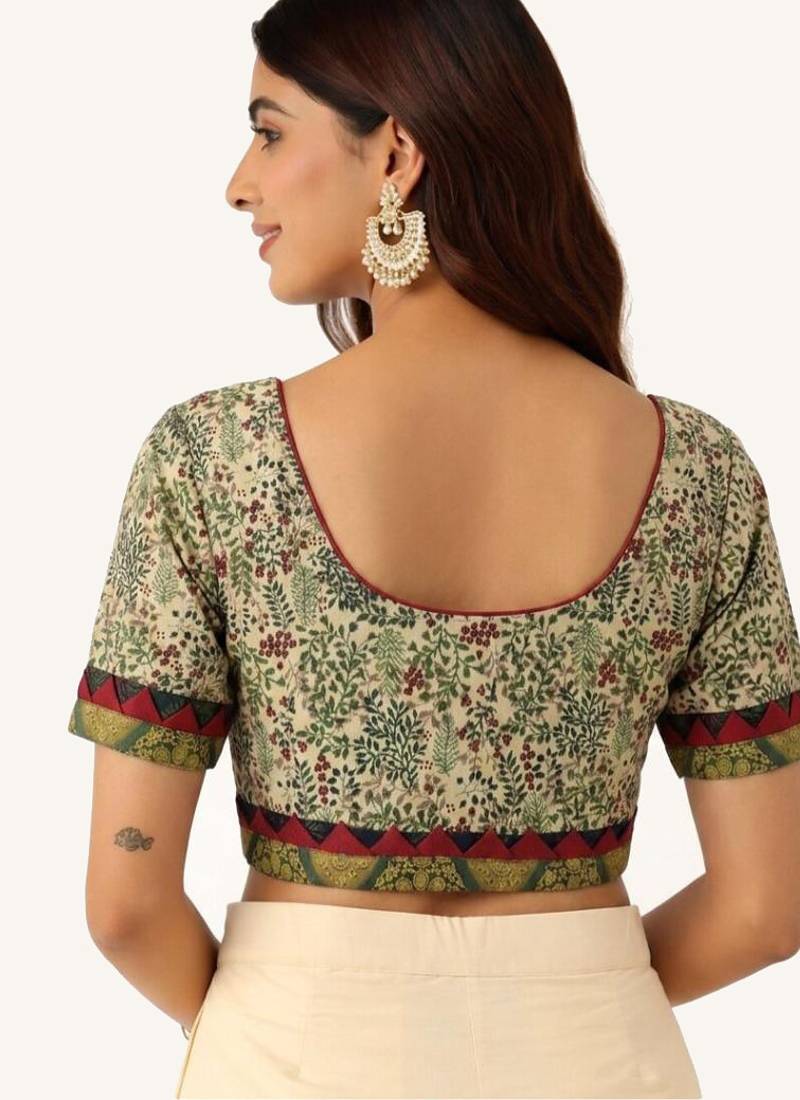 Green cotton printed non padded blouse