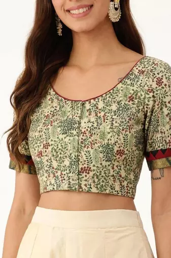 Green cotton printed non padded blouse